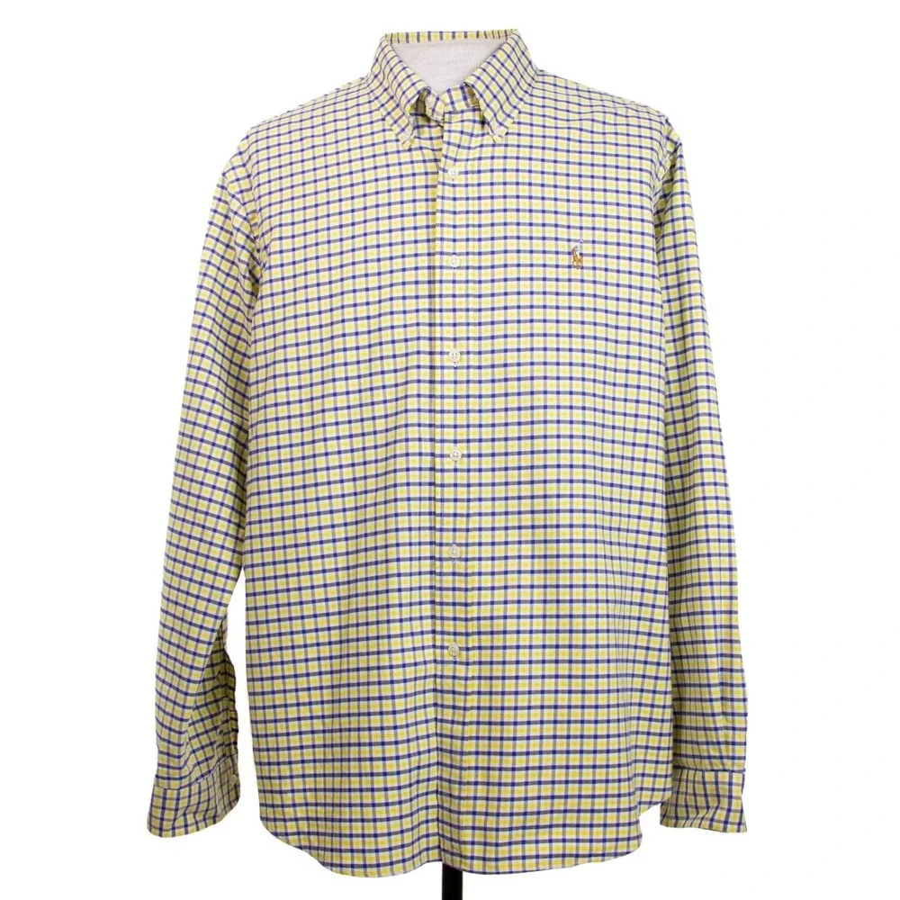 Polo Ralph Lauren Mens 2XL Blue‎ Yellow Check Logo LS Button Front Shirt